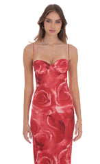 Rose Open Back Mesh Maxi Dress in Red