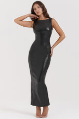 black vegan leather maxi dress
