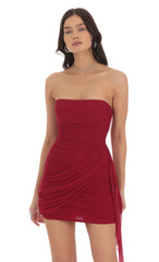 Mesh Draped Strapless Dress in Maroon
