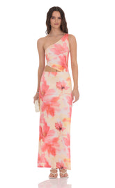 Floral One Shoulder Cutout Maxi Dress in Orange