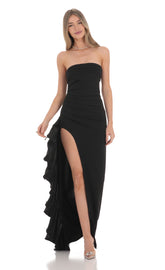 Strapless Ruched Ruffle Maxi Dress in Black