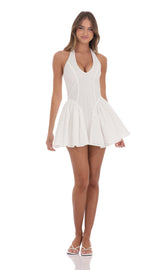 Floral Eyelet Halter Dress in White