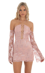 Lace Sequin Off Shoulder Dress in Dusty Rose