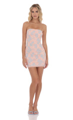 Strapless Lace Back Bow Dress in Pink and Blue