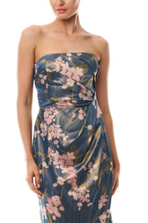 Draped Floral Strapless Column Gown