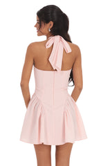 Striped Crinkle Halter Dress in Pink