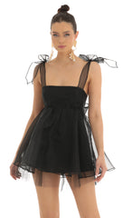 Glitter Bow Baby Doll Dress in Black