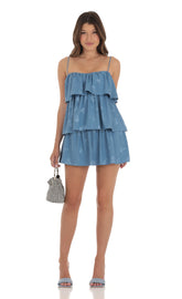 Floral Ruffle Shift Dress in Blue