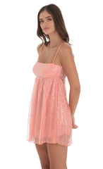 Sequin Mesh Babydoll Dress in Coral