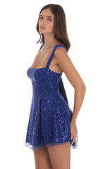 Sequin Beaded Fit and Flare Dress in Blue