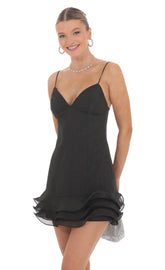 Shimmer Open Back Wavy Dress in Black