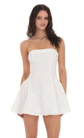 Floral Jacquard Strapless Flare Dress in White