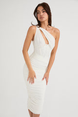 ivory asymmetric cutout midi dress