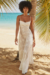 vintage cream floral lace back maxi dress