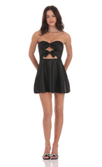 Satin Double Bow Cutout Dress in Black