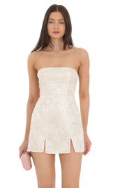 Jacquard Back Bow Strapless Dress in Cream