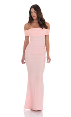 Mesh Shell Off Shoulder Maxi Dress in Pink
