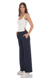 Textured Ribbed Drawstring Pants in Navy
