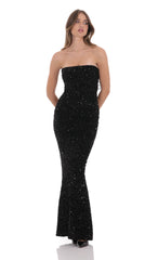 Velvet Sequin Strapless Maxi Dress in Black
