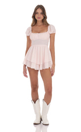 Puff Sleeve Romper in Pink