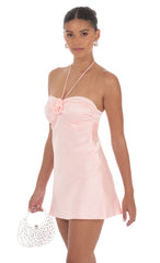 Flower Satin Halter Dress in Pink