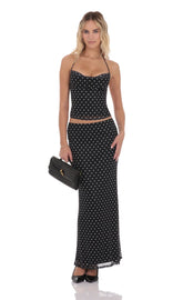Polka Dot Cowl Neck Two Piece Set in Black