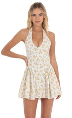 Floral Dotted Halter Dress in White
