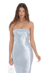 Strapless Satin Open Back Maxi Dress in Light Blue