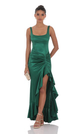 Satin Ruched Ruffle Slit Maxi Dress in Green