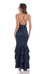 Satin Ruffle Fishtail Maxi Dress in Navy