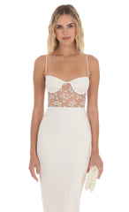 Mesh Floral Shimmer Cutout Midi Dress in Ivory