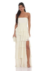 Corset Ruffle Strapless Maxi Dress in Ivory