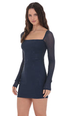 Rhinestone Long Sleeve Dress in Navy