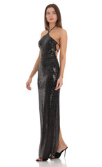 Sequin Halter Maxi Dress in Black