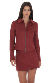 Suede Zip-Up Jacket in Maroon