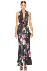 Floral Jersey Deep Cowl Neck Gown