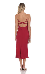 Crinkle Open Back Midi Dress in Red