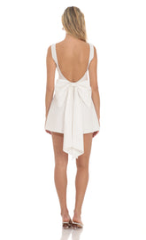 High Neck Back Bow Dress in White
