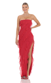 Mesh Ruffle Strapless Maxi Dress in Red