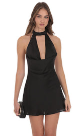Satin Choker Cowl Neck Dress in Black