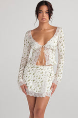 garden print lace trim mini skirt