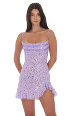 Sequin Beaded Ruffled Slit Dress in Lavender