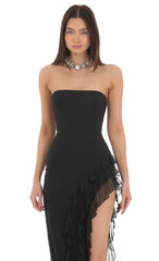 Mesh Strapless Triple Ruffle Maxi Dress in Black