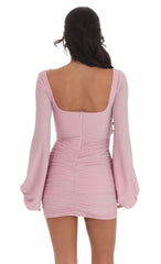 Shimmer Ruched Cowl Neck Dress in Pink