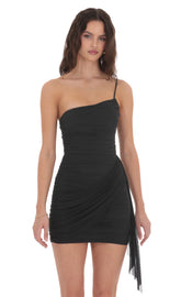 Mesh One Shoulder Tassel Dress in Black