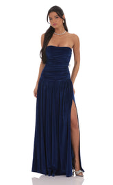 Velvet Ruched Drop Waist Maxi Dress in Navy