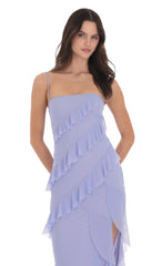 Ruffle Mesh Square Neck Maxi Dress in Periwinkle