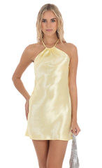 Satin Halter Rhinestone Dress in Yellow