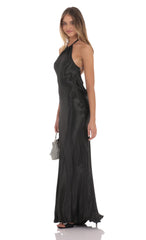 Rhinestone Satin Open Back Maxi Dress in Black