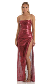 Sequin Cowl Neck Maxi Dress in Red